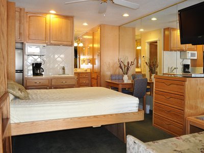Bed and kitchenette